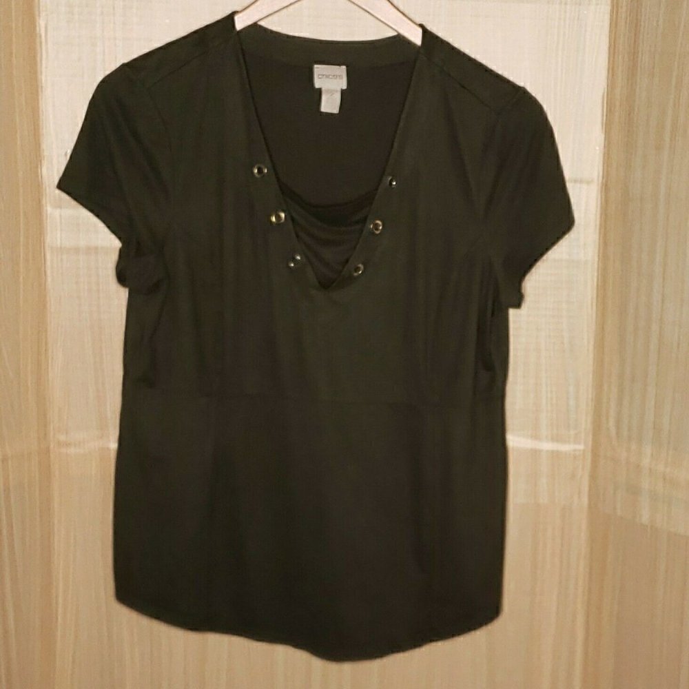 Chico's Womens Green Suede Feel Short Sleeve Top Medium